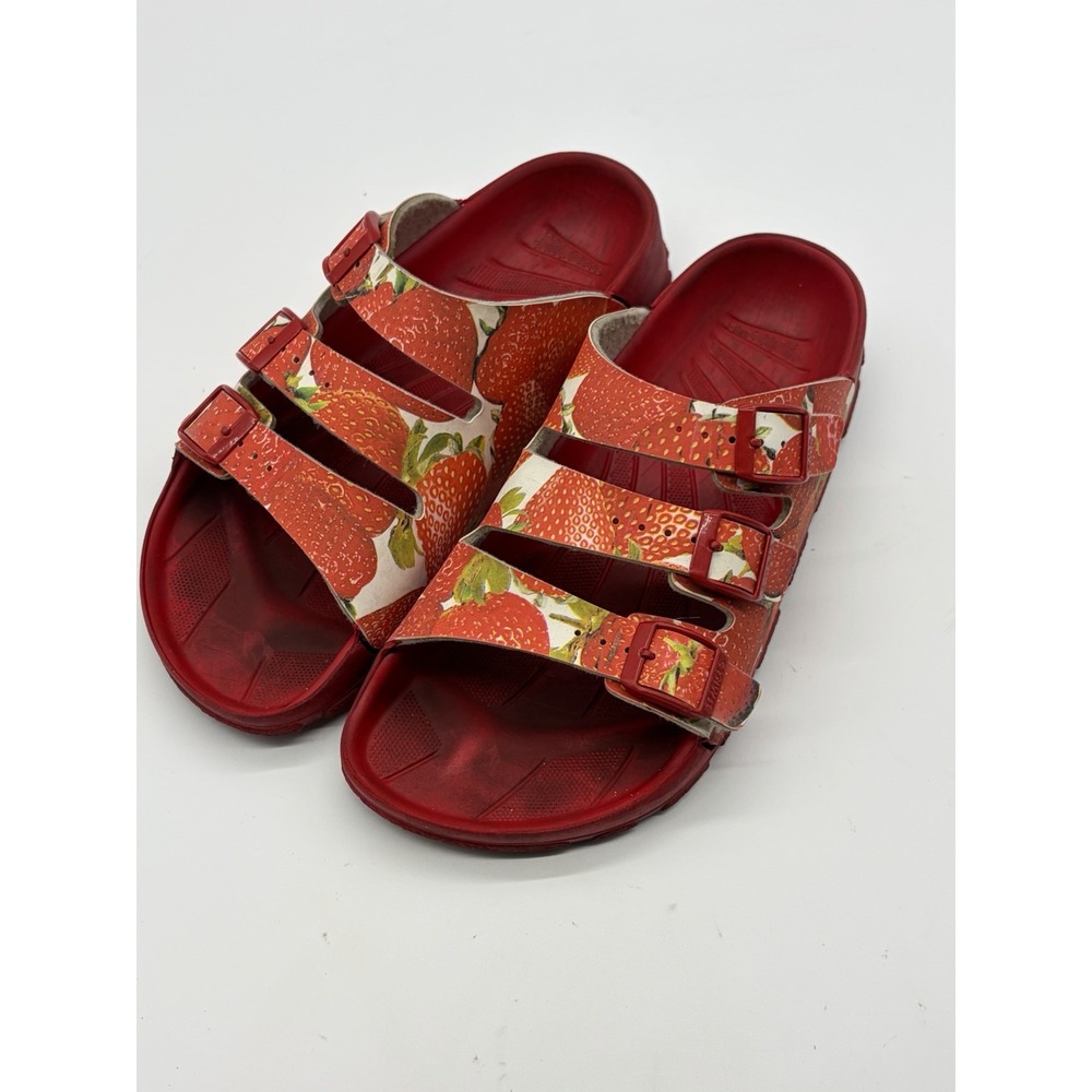 Birkenstock Birkis Strawberry Print Red Three Strap Sandals Size 38 EU 7-7.5 US